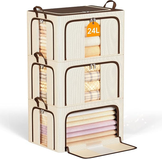 3 Openings Clothes Storage Bins with Metal Frame，24L (brown) | Oxford-Gewebe