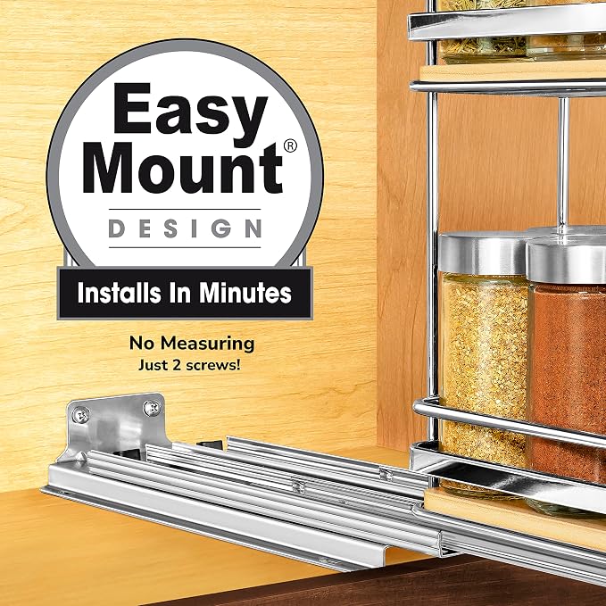 LYNK PROFESSIONAL® Élite™ Pull Out Spice Organization for Cabinets - 4-3/8 inch Wide – Spice Rack for Inside Cabinets – Wood/Chrome - Sliding Spice Rack Organizer for cabinet – Spice Rack - 2 Tier