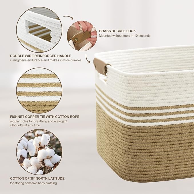 72L Large Woven Laundry Basket Hamper with Leather Handles,Khaki | collapsible wicker hamper, storage for dirty clothes, toys, blankets, gifts, living room, bedroom, bathroom, 22"x17"x12"