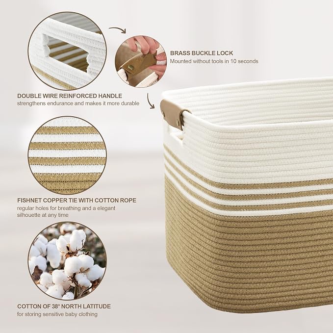 60L Woven Laundry Basket Hamper with Leather Handles,Khaki | collapsible wicker hamper, storage for dirty clothes, toys, blankets, gifts, living room, bedroom, bathroom, 21"x15"x11"