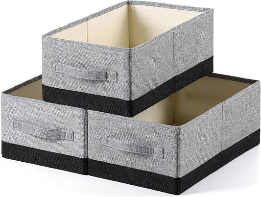 linen closet organizers and storage, 3 Pack Large Storage Baskets, Washable, Clothing Storage Bins with Handle, Closet Organizer for Storage Sweater,Sheets (gray black, 16" x9½x6¾)