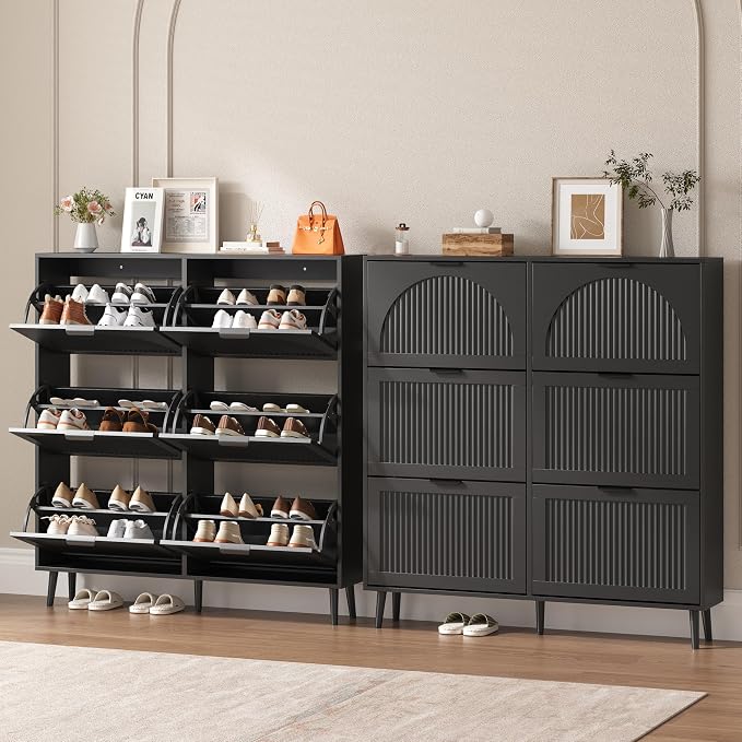 BORNOON Shoe Cabinet for Entryway with 6 Flip Drawers, Slim Wooden Shoe Storage Organizer with Modern Fluted Pannel，Freestanding Narrow Hidden Shoe Rack for Hallway, Foyer, Living Room