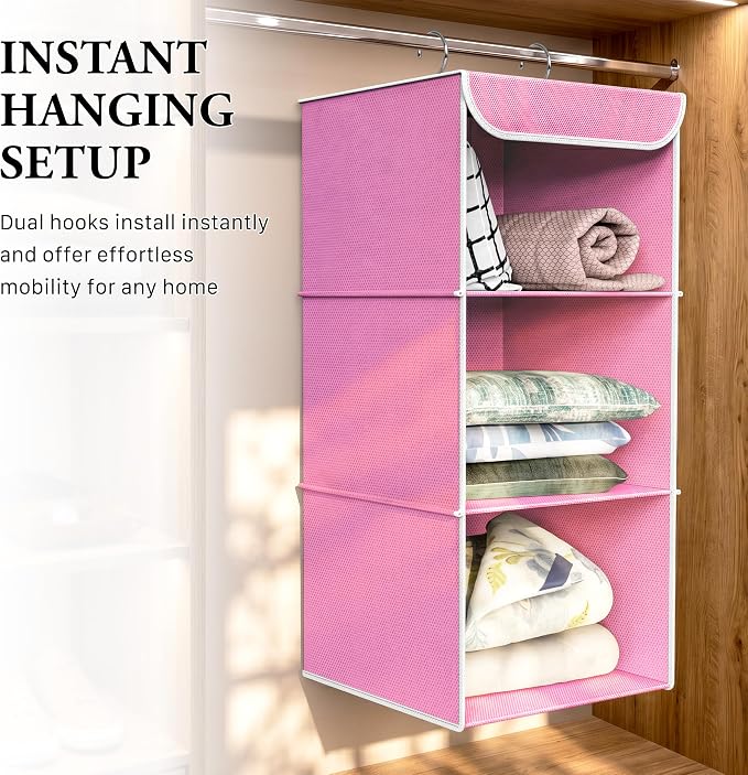 Simple Houseware 3 Shelf Hanging Closet Organizer, Pink | 360° Rotating Dual Hooks, Top Support Metal Frame