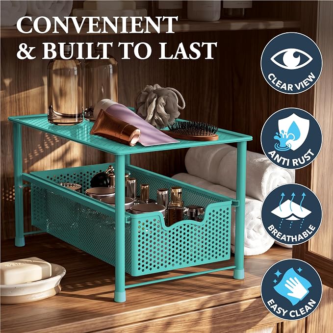 Simple Houseware Stackable Under Sink Sliding Basket Drawer, Turquoise | Perforated Free Standing Organizer, Kitchen/Pantry/Cabinet/Counter