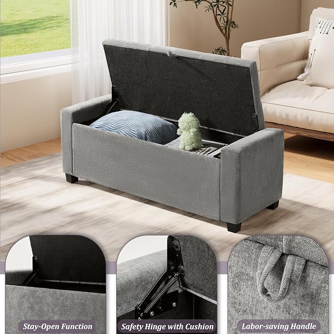 Royal Windsor Ottoman with Storage,Tufted Storage Bench with Safety Hinge,Holds up to 350 lb,Upholstered Bench with Seating for Bedroom, Living Room,Entryway,Linen Light Gray