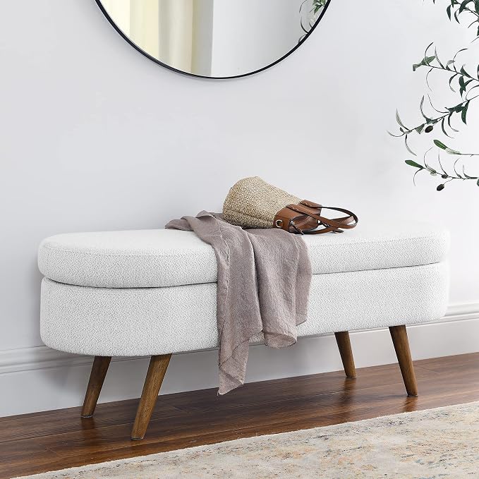 43.5” Storage Ottoman Bench，Upholstered Oval End of Bed Bench for Bedroom | Modern Linen Ottoman with Storage, Entryway Foot Rest with Wooden Legs, Lift-Top Lid with Safety Hinge, Living Room, White