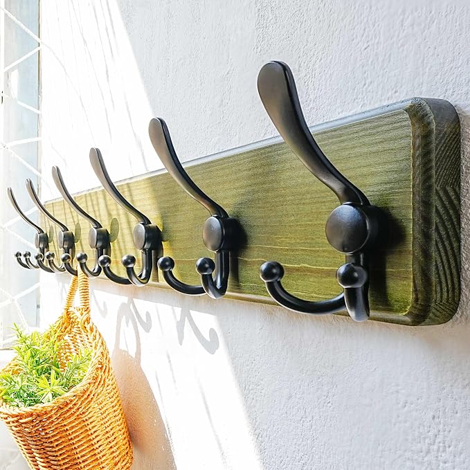 Coat Rack Wall Mounted - 24" Long 6 Tri Hooks, Heavy Duty Wooden Wall Coat Hanger Coat Hook for Clothes Hat Jacket Clothing, Weathered Green and Black, Pack of 2