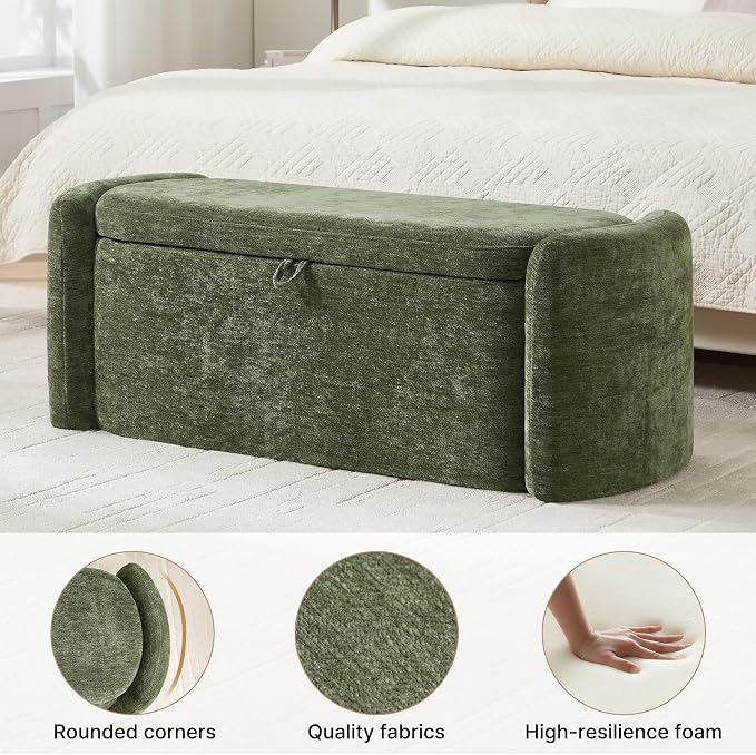 Oval Storage Ottoman Bench, 45" Upholstered Chenille End of Bed Storage Bench, Foot Rest Ottoman with Storage, Bedroom Living Room and Hallway,Green