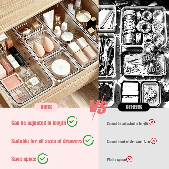 16 Pcs Extendable Clear Drawer Organizer, 3-Size Adjustable Boxes | 3-mm Extra Thick Acrylic Storage Bins for Vanity, Desk, Makeup, Cosmetics, Tool, Bedroom Dressers & Bathroom Organization