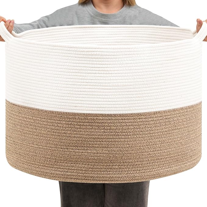 Foldable Laundry Hamper Basket with Collapsible Handle Cotton Rope Soft Woven Fabric Storage Organizer Clothes Toys Nursery Bedroom Dorm Space Saving Bin (White & Brown, 80L(21.7"D x 13.8"H))