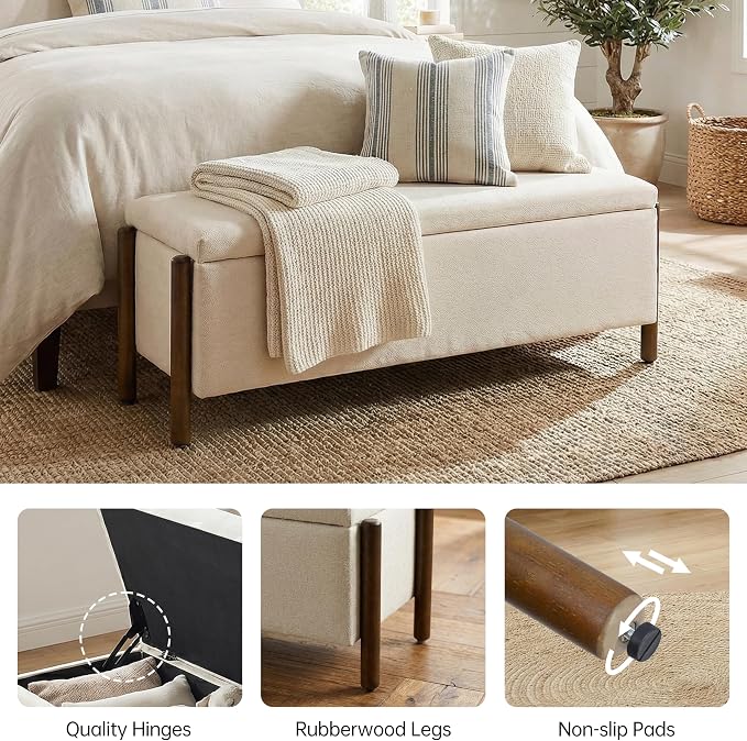 Usaint Wooden Storage Ottoman Bench, 47" Fabric Upholstered End of Storage Bench with Rubberwood Legs, Entryway Bench with Storage for Bedroom, Living Room, Reception, Cloakroom, Beige