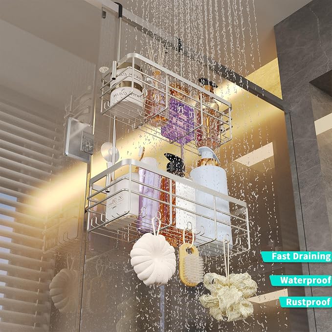 HapiRm Shower Caddy Organizer Hanging - No Drilling Shower Rack with Hooks | For Renters & Small Bathrooms, No Drilling 2-Tier Shelves, Rustproof 304 Stainless Steel, Brushed Nickel