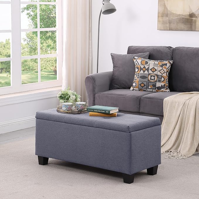 38'' Hinged Storage Ottoman w/Small Foot Stools, Set of 3, Grey | No Tools Assembly, Classical Tufted Cushion Top, Soft Linen Fabric, Large Store Capacity, for Entryway, Window, End of Bed
