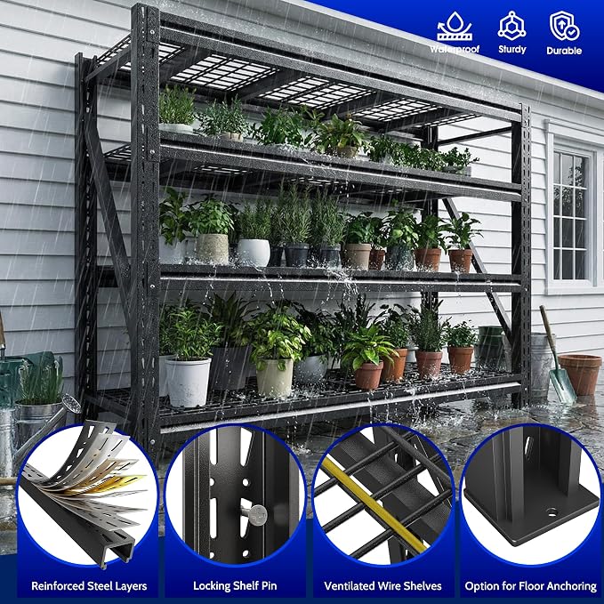 Romorgniz 5020LBS Heavy Duty Garage Shelving, 68.2" W Storage Shelves with Wire Deck, Rust/Water Resistant, 4 Tier Adjustable Industrial Shelving for Warehouse Basement, 23.5" D Deep x 72" H, Black