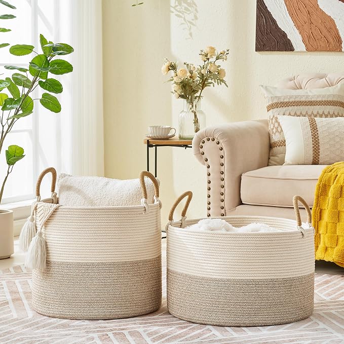 KAKAMAY Large Blanket Basket with Handles, Storage Basket for Living Room | Extra Large Capacity | Natural Cotton Rope | Blanket Storage | Woven Storage Basket | Stuffed Animal Storage | Laundry Basket