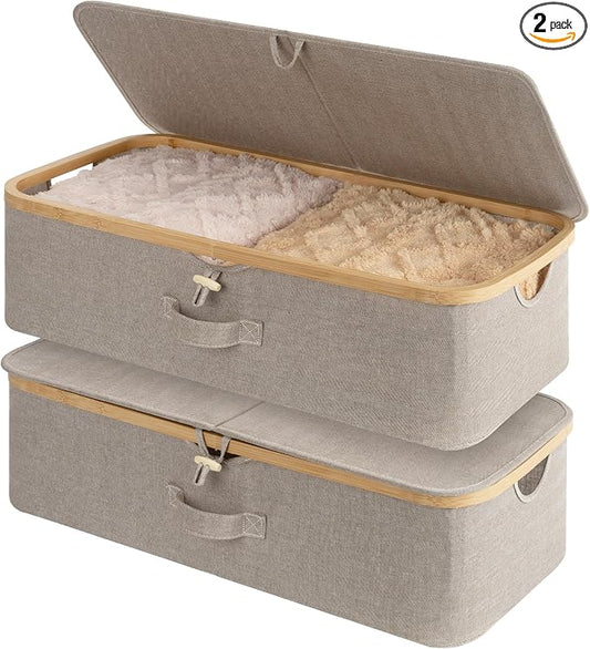 StorageWorks Underbed Storage Containers with Lids, 2-Pack 7" Low Profile Under Bed Storage Box with Bamboo Frame for Clothes, Bedding, Blankets and Shoes, 42L Sturdy Fabric Organizer, Taupe
