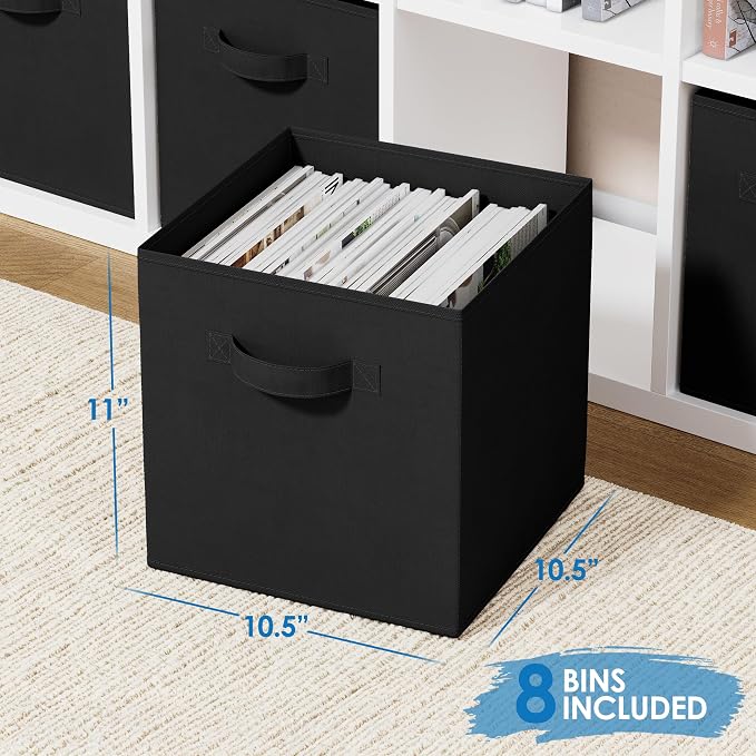 Storage Cubes Pack Of 8 - Standard Size Cube Storage Bin 10.5x10.5x11 With Dual Handles For Easy Carrying- Fabric Storage Bins Collapsible (Black)