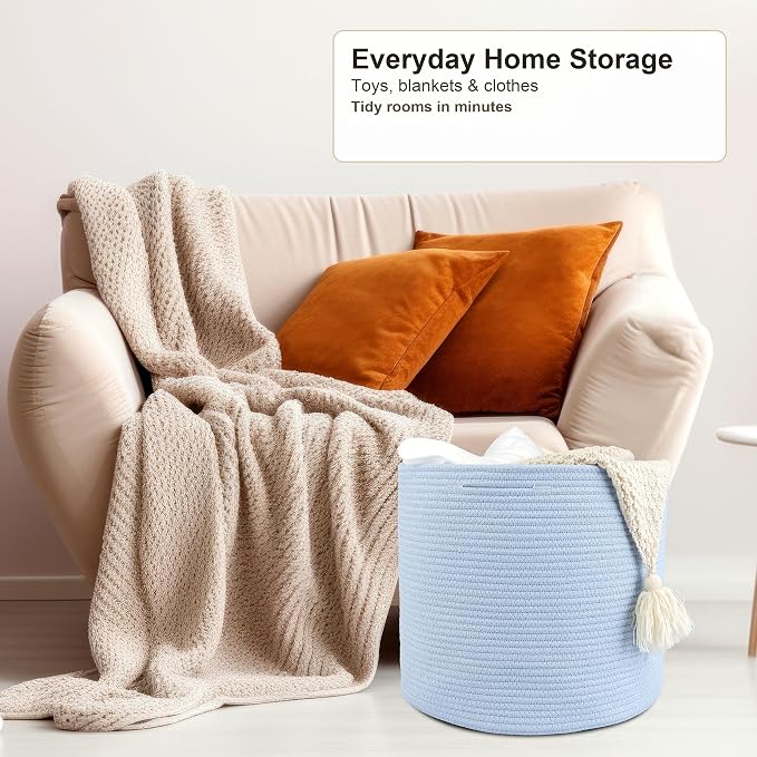 XUANGUO Cotton Rope Basket For Girls Boys Kids 16”X14 Blue | Baby Laundry Baskets, Blanket Basket, Nursery Bin; Round Woven Basket Organizer for Toy Storage, Blankets, Shoes and Clothes