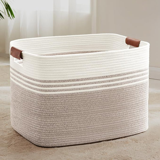 100L Large Woven Laundry Basket Hamper with Leather Handles,Brown | collapsible wicker hamper, storage for dirty clothes, toys, blankets, gifts, living room, bedroom, bathroom, 24"x16"x16"