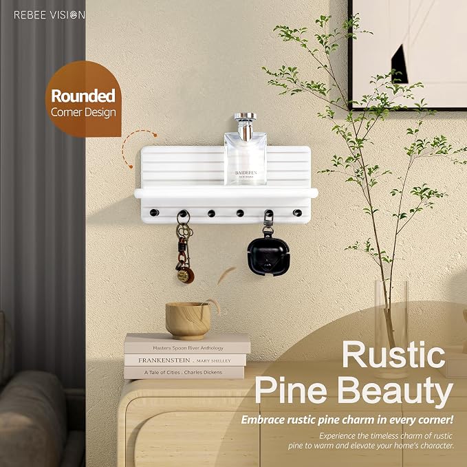 Rebee Vision Pine Key Holder Wall Mount with 6 Hooks for Room Decor, White | Pine Wood, 6 Key Hooks, Key Holder for Wall, Floating Shelf, Mail Organizer, Apartment Essential for Home Improvement