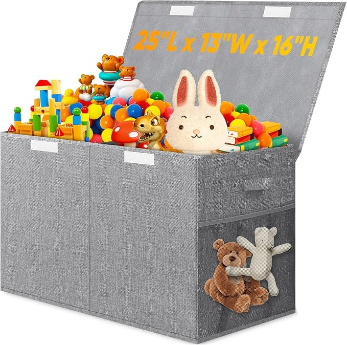 Large Toy Storage Box with Lid & Dividers, Collapsible Kids Toy Chest, Gray | Toy Box for Boys, Girls, Nursery, Bedroom, Living Room, Playroom, 25 x 13 x 16 inches