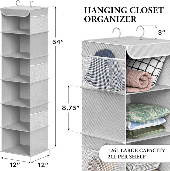 Simple Houseware 6 Shelf Hanging Closet Organizer, Gray | 360° Rotating Dual Hooks, Top Support Metal Frame, 6 Side Mesh Pockets