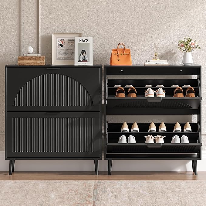 BORNOON Shoe Cabinet for Entryway with 2 Flip Drawers, Slim Wooden Shoe Storage Organizer with Modern Fluted Pannel，Freestanding Narrow Hidden Shoe Rack for Hallway, Foyer, Living Room