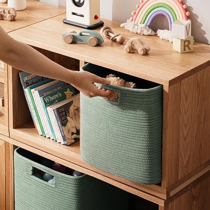 UBBCARE Set of 4 Storage Basket-11 X 10.5 X 10.5 In, Cotton Rope Basket for Shelves, Toys, Book, Cube Storage Bins with Handles, Woven Storage Basket for Organizing, Green