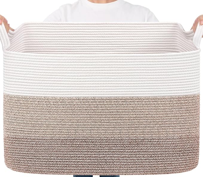 Goodpick 105L Extra Large Woven Blanket Basket, Cotton Rope, Light Brown | 25 x 16 x 16 in, Rectangle, Living Room, Bedroom & Nursery Organization, Blankets, Pillows, Toys & Clothes Storage