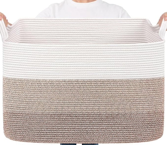 Goodpick 105L Extra Large Woven Blanket Basket, Cotton Rope, Light Brown | 25 x 16 x 16 in, Rectangle, Living Room, Bedroom & Nursery Organization, Blankets, Pillows, Toys & Clothes Storage