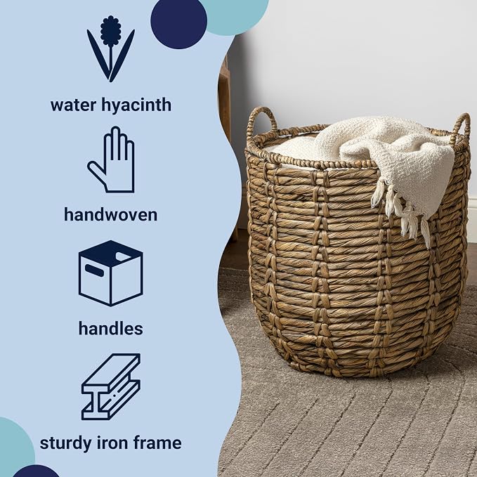 happimess Laurel Hand-Woven Abaca Storage Basket 19", Brown | Wicker Seagrass Container with Handles for Decoration, Laundry Room Entryway Hamper, 22 Pounds Capacity, Braided Accents