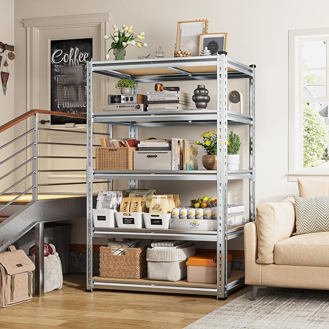 REIBII Garage Shelving, 5 Tier Storage Shelves Load 2400LBS, Adjustable Garage Shelving Heavy Duty, Metal Shelves Unit with Waterproof Columns, 35.5" W x 11.9" D x 72" H, Galvanized, 2 Pack