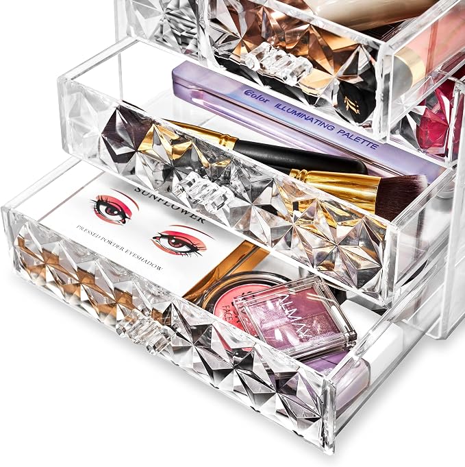 Sorbus Acrylic Makeup Organizer Set, 7-Drawer Vanity & Countertop Cosmetic Storage with Small & Wide Drawers, Diamond Makeup Storage for Brushes, Lipsticks, Jewelry – Holiday Gift for Women & Teens
