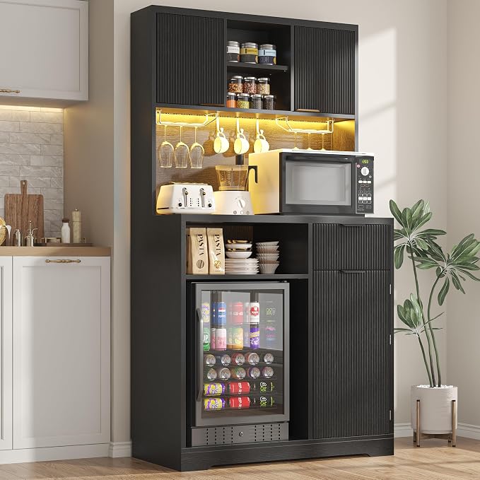 kepptory 72" Mini Fridge Cabinet with Storage, Coffee Bar Cabinet with Mini Fridge, Tall Coffee Bar Station with RGB LED Light, Wine Glass Holder, for Home Kitchen Living Room, Black