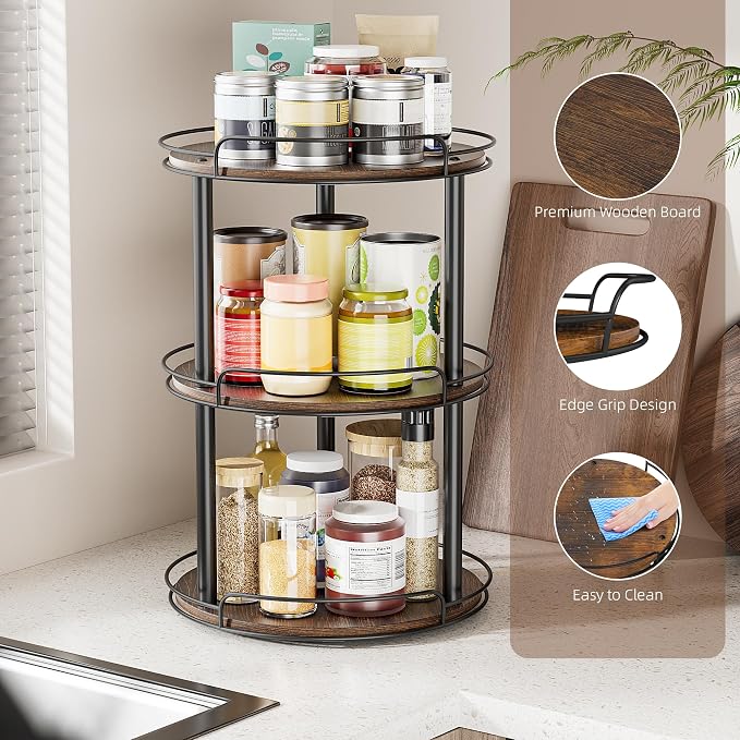 LAMU 10'' Wood Lazy Susan Turntable Organizer for Cabinet, 3 Tier Lazy Susan Spice Rack Organizer for Kitchen, Wood Turntable for Table Top, Countertop, Pantry, Bathroom