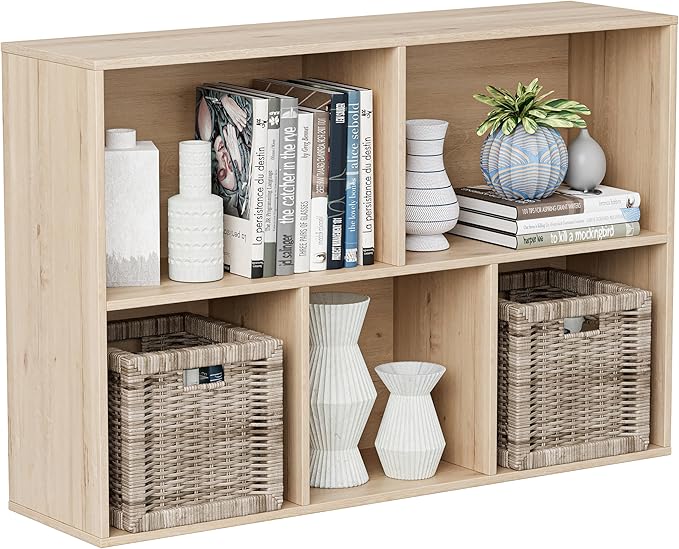 VDNEND Wooden Cube Storage Organizer with Closed Back Panel, 11in Cube Shelf Opening, Bookshelf, Display Shelf,Closet Cabinet for Home and Office (White Oak, 5-Cube 35.98L*9.45W*24.09H)