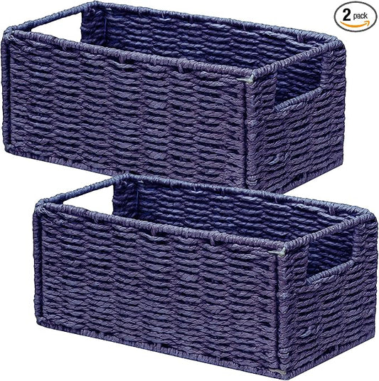 Vagusicc Wicker Storage Basket, Set of 2 Hand-Woven Paper Rope Wicker Basket, Small Storage Baskets for Organizing Toilet Paper, Foldable Small Cube Organizer Bins for Shelves (Purple)
