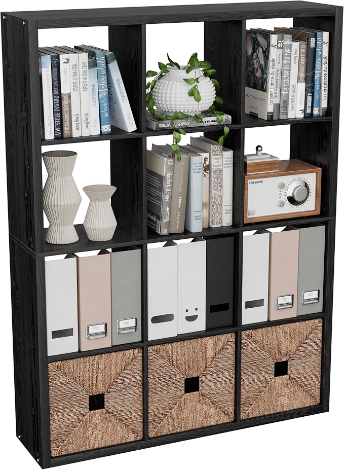 VDNEND Cube Storage Organizer Bookcase, Decorative 11 inch Open Back Cubical Shelf with Thickened Border, Display Bookshelf for Living Room, Home Office, Sturdy Room (Black, 12 Cube)