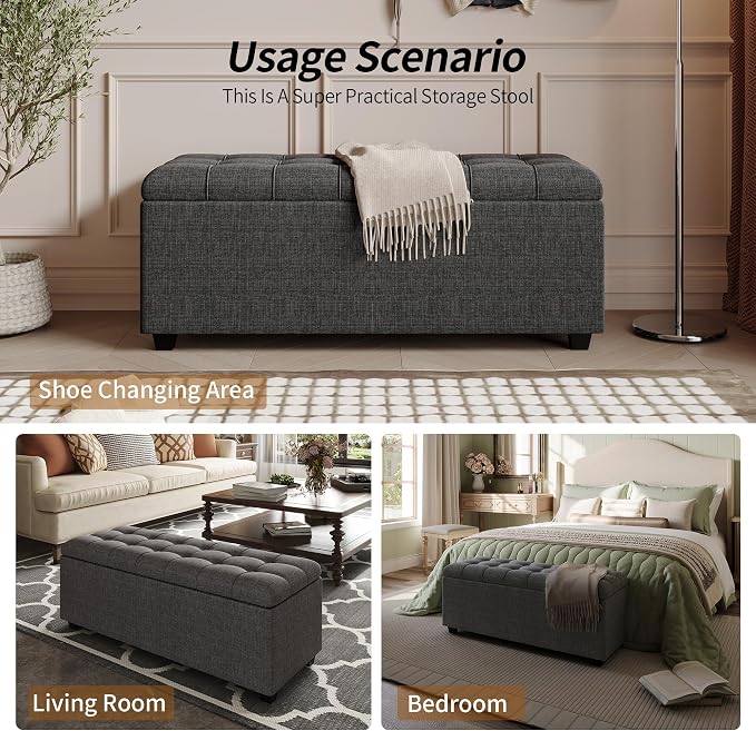 38" Dark Grey Fabric Storage Ottoman Bench with Hinged Lid | Solid wood frame bench, 4-leg easy assembly. Use as end-of-bed, footrest, entryway seat. Hinged hidden storage, multi-use.