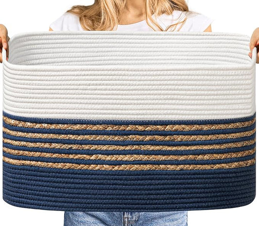 UBBCARE Blanket Basket, Large Rectangle Woven Storage Basket With Handles, Cotton Rope Toy Basket for Living Room, Nursery Baskets for Organizing, 22''L×17''W×12''H, Navy Blue