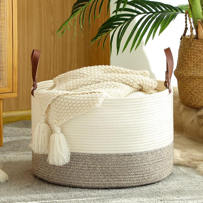 KAKAMAY Large Blanket Basket (20"x13"),Woven Baskets for storage Baby Laundry Hamper,Cotton Rope Blanket Basket for Living Room, Laundry, Nursery, Pillows, Baby Toy chest (White/Beige) | Extra Large Capacity | Natural Cotton Rope | Blanket Storage | Wo...