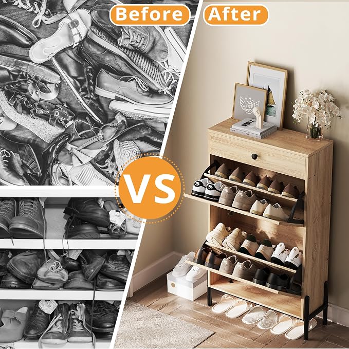 IRONCK Narrow Shoe Cabinet with 2 Flip Drawers and Rattan Doors, Oak | Shoe Storage Cabinet for Entryway, Free Standing Shoe Storage Organizer, Adjustable Shelves, Shoe Rack Cabinet