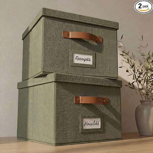 ZICOTO Decorative File Organizer Box Set of 2 - Collapsible Linen Filing Cabinets w/Handles Are Perfect to Store all Your Documents & Hanging File Folders - Portable Easy Slide Crates with Lid | Stores Documents and Hanging File Folders - Portable Offi...