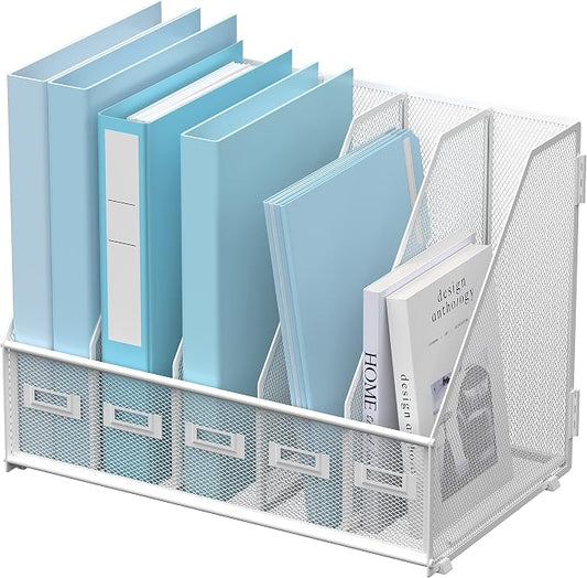 SUPEASY Desk Organizers Metal Desk Magazine File Holder with 5 Vertical Compartments Rack File Organizer for Office Desktop, Classroom, Home Workspace, White