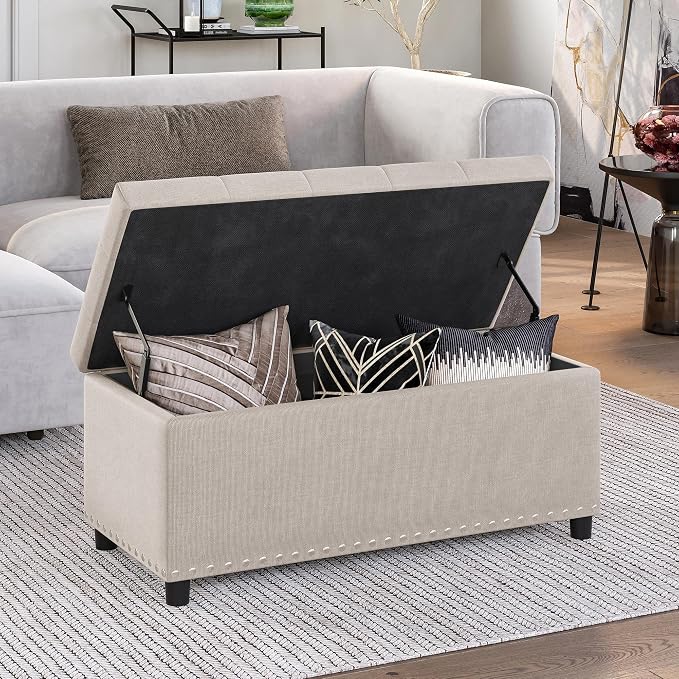 BELLEZE Storage Ottoman, Tufted Ottoman with Close Hinge, Foot Rest for Living Room (Beige, 31 inch)