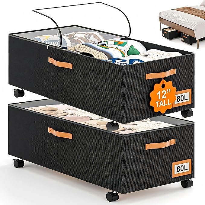 Under Bed Storage with Wheels, 12" Height Under Bed Storage Extra Deep Under Bed Storage Containers, Perfect for 14'' Bed Frame, No Assemble Metal Rolling Underbed Storage for Clothes Shoes Blankets