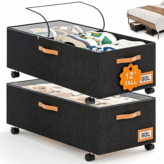 Under Bed Storage with Wheels, 12" Height Under Bed Storage Extra Deep Under Bed Storage Containers, Perfect for 14'' Bed Frame, No Assemble Metal Rolling Underbed Storage for Clothes Shoes Blankets