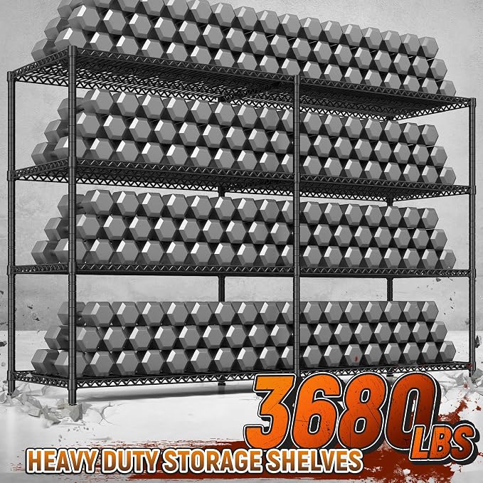 REIBII Storage Shelves, 3680LBS Heavy Duty&Space Saving 81.5''W for Garage | 4 Tier Adjustable Wire Shelving, Powder Coated, Tool-Free Metal Shelf, Scratch Resistant, Rust-resistant, 23.62"Dx70.86"H