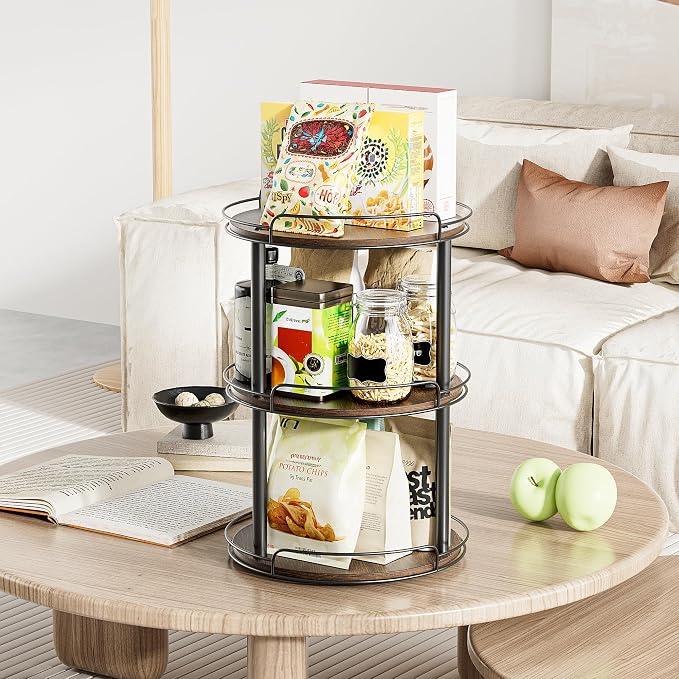LAMU 10'' Wood Lazy Susan Turntable Organizer for Cabinet, 3 Tier Lazy Susan Spice Rack Organizer for Kitchen, Wood Turntable for Table Top, Countertop, Pantry, Bathroom