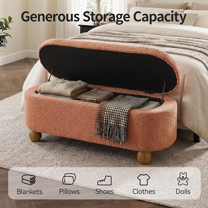 VKNOW 44.8" Storage Ottoman Bench End of Bed Bench with Hinge, Orange | Cute Spherical Solid Wood Stool Legs, Comfortable Fabric, No Assembly, Bedroom Living Room Entryway Dressing Areas